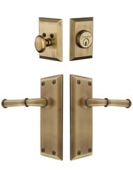 Grandeur Fifth-Avenue Entry Door Set, Keyed Alike with Georgetown Levers in Antique Brass.